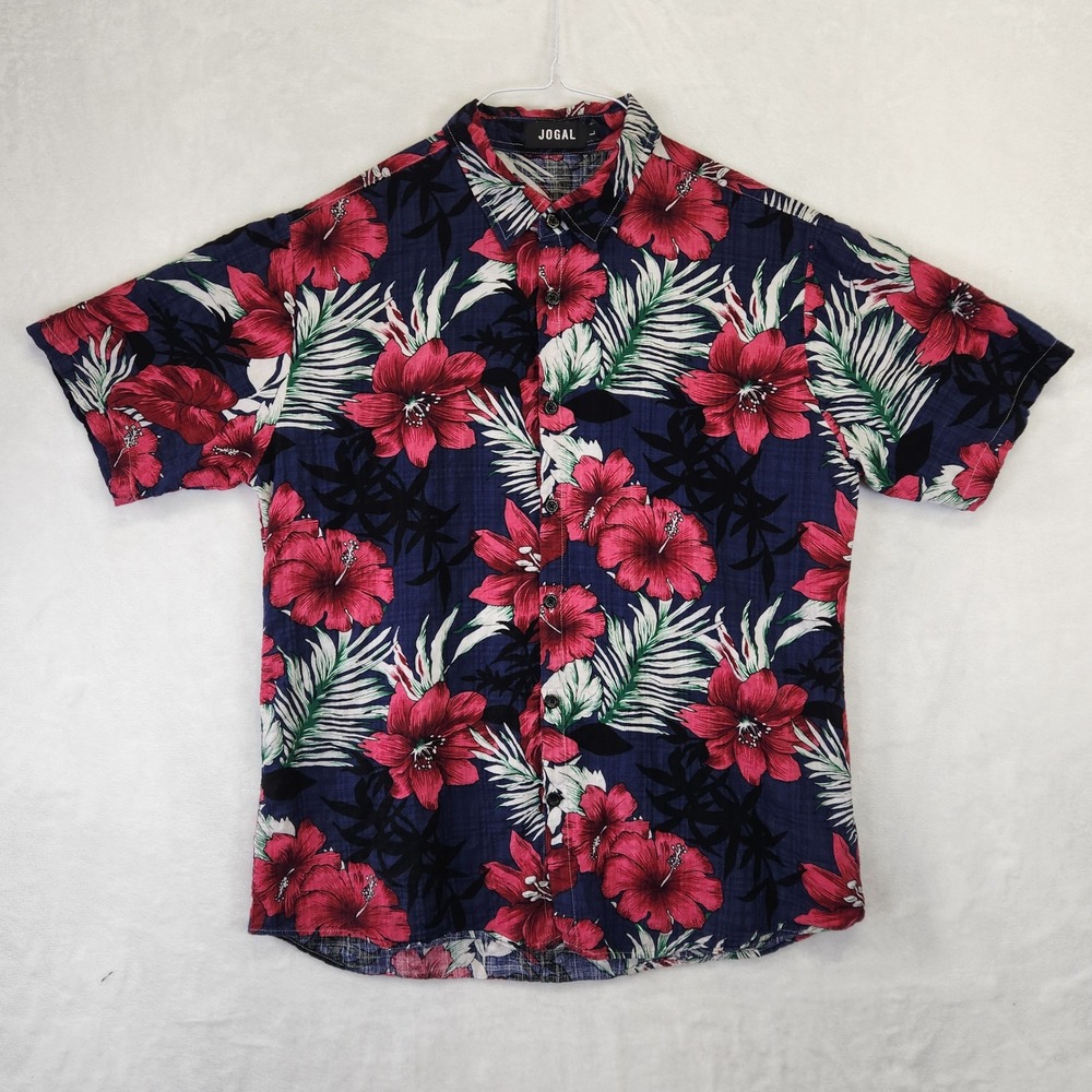 JOGAL Mens Button Down Shirt Floral Hibiscus Tropical Print Short Sleeve Size L‎